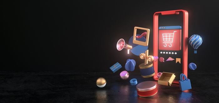 Figura de un teléfono móvil con objetos de una tienda online como uno de los ejemplos de economía colaborativa
