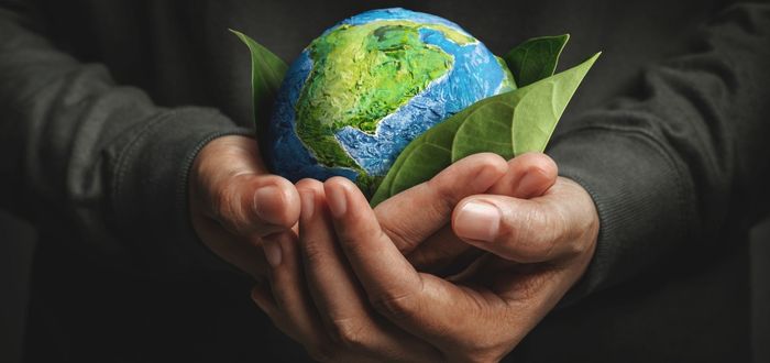 Persona sosteniendo un pequeño planeta Tierra como signo de cuidado del medio ambiente